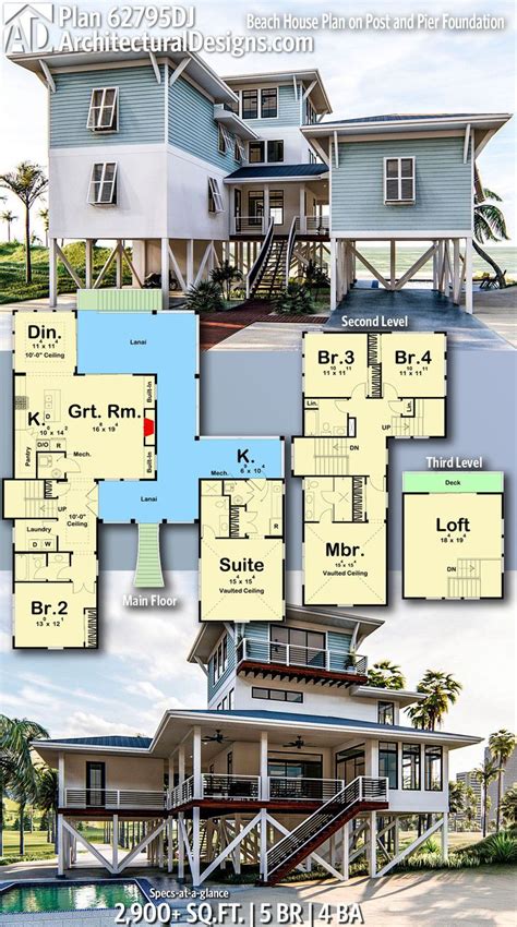 Beach house plans are ideal for your seaside, coastal village or waterfront property. Plan 62795DJ: Beach House Plan on Post and Pier Foundation | Beach house plan, Beach house plans ...