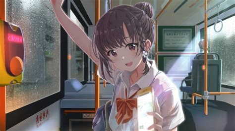 Wallpaper Attractive Anime Girl School Uniform Raining Wet Clothes