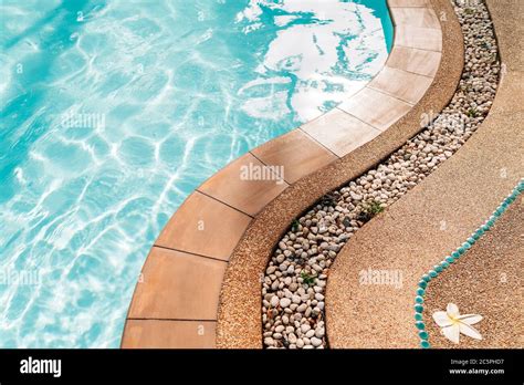 Curved Swimming Pool Paved Edge With Pebbles Clean Transparent Pool