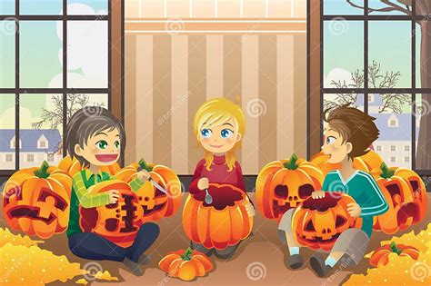 Kids Carving Pumpkins Stock Vector Illustration Of Halloween 21138816
