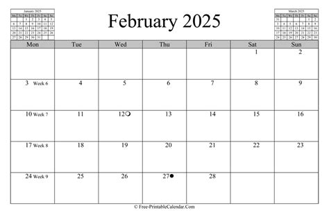 February 2025 Calendar Horizontal Layout