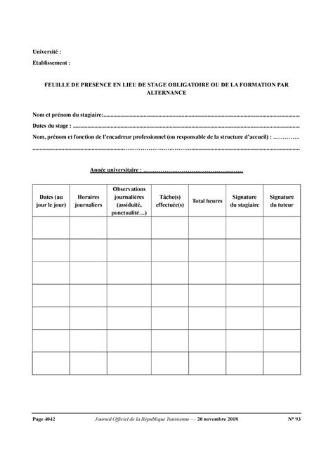 Feuille De Présence En Lieu De Stage Obligatoire Par Nc Fichier Pdf