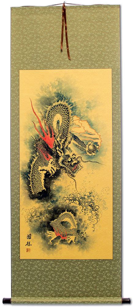 Flying Chinese Dragon And Lightning Pearl Chinese Scroll