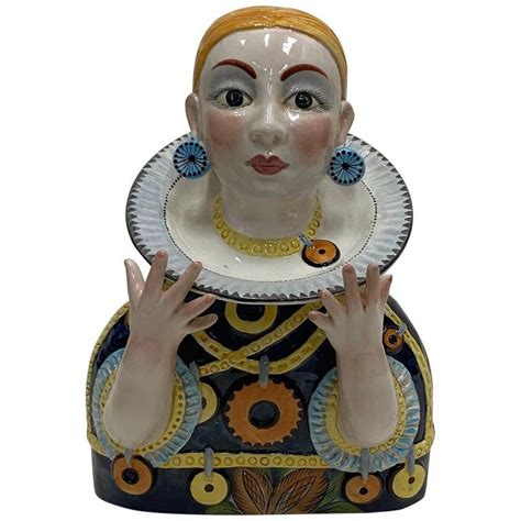 Whimsical Italian Glazed Ceramic Bust Of A Woman Women Glazed