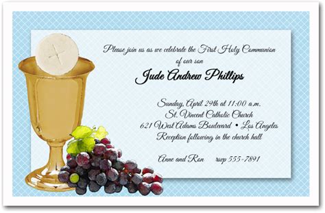 Chalice Wafer And Grapes Boys First Holy Communion Invitations