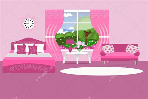 Bedroom Interior Vector Illustration Bedroom In Pink Color Furniture For Bedroom Decor Stock