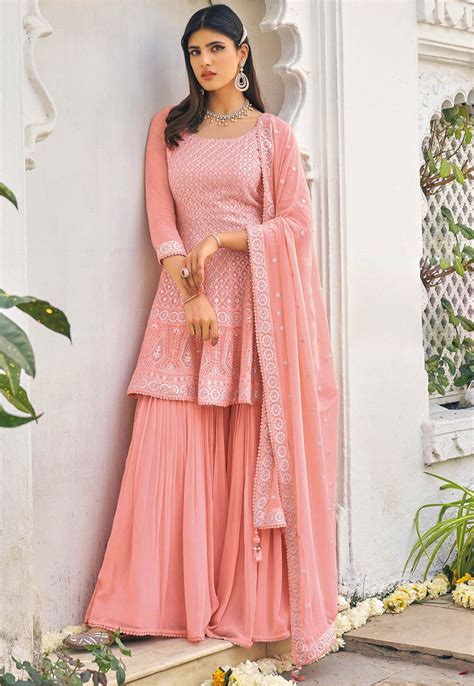 Buy Embroidered Georgette Pakistani Suit In Peach Online Kch7872