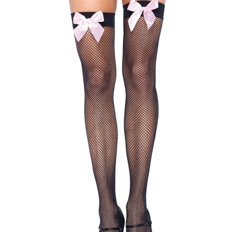 Fishnet Thigh Highs With Bow Black Pink Beenmode Stockings Tot