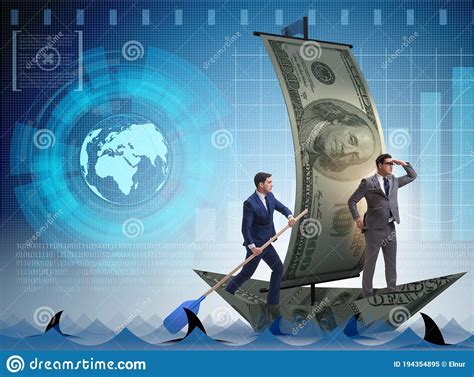 Businessman Rowing On Dollar Boat In Business Financial Concept Stock