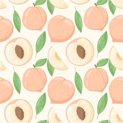 Premium Vector Vector Seamless Pattern With Flat Ripe Peach Or Nectarine With Leaves