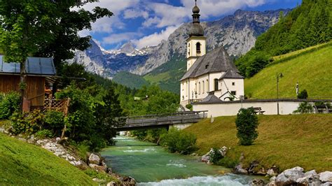 Картинки природа пейзаж бавария горы альпы долина ручей река церковь мостик холмы