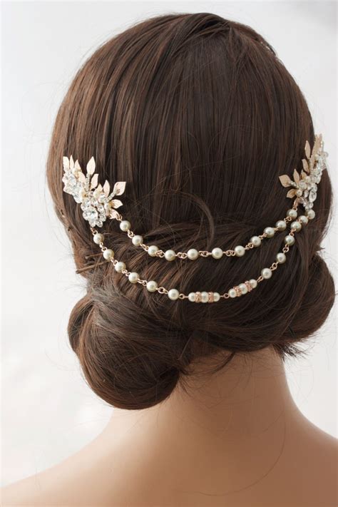 Rose Gold Hair Chain Wedding Headpiece Pearl Draped Bridal Etsy