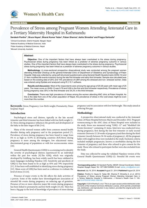 Pdf Prevalence Of Stress Among Pregnant Women Attending Antenatal