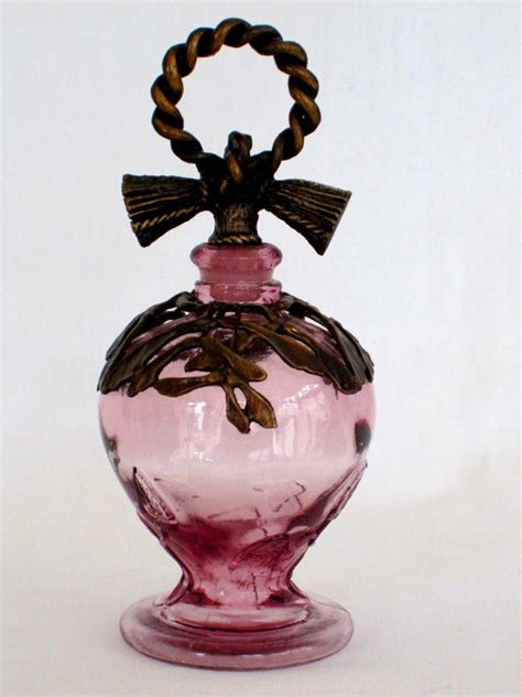 Vintage 1950s Perfume Bottle Purple Glass Antique Metal