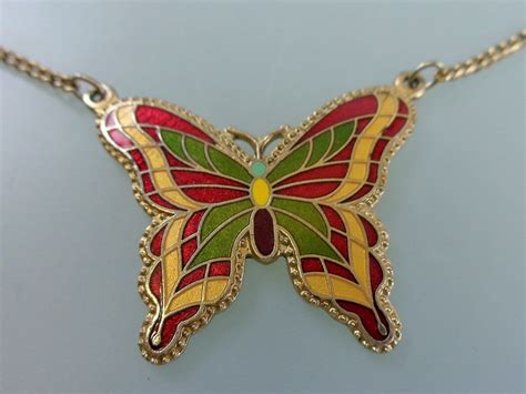 Vintage Sarah Coventry Enamel Butterfly Pendant Necklace Gold Tone