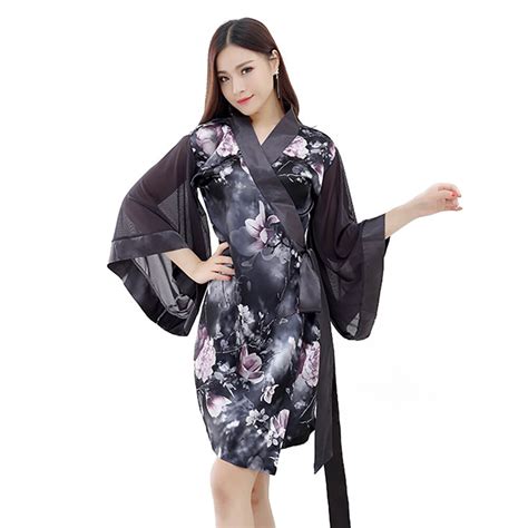 Womens Flower Print Short Kimono Robe Elegant 34 Length Chiffon