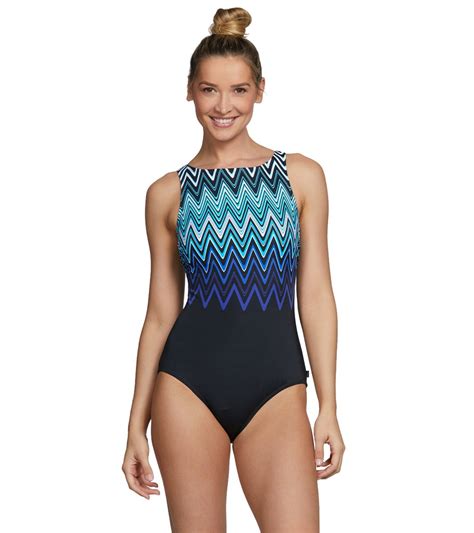 Reebok Womens Cosmic Wave High Neck Chlorine Resistant One Piece Swimsuit At