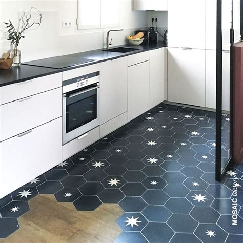 Modern Kitchen With Blue White Star Hexagon Tiles Combined With Wooden