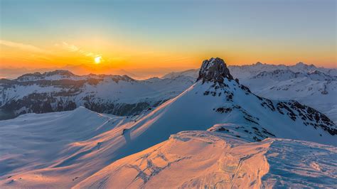 Download Wallpaper 1920x1080 Mountains Snow Sunset