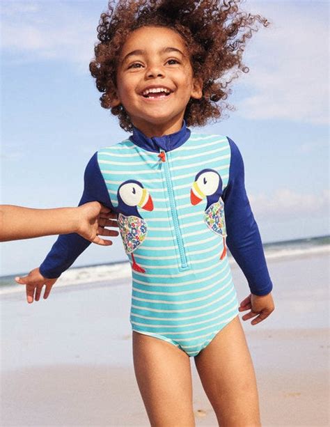 long sleeved appliqué swimsuit aqua ivory puffins boden us