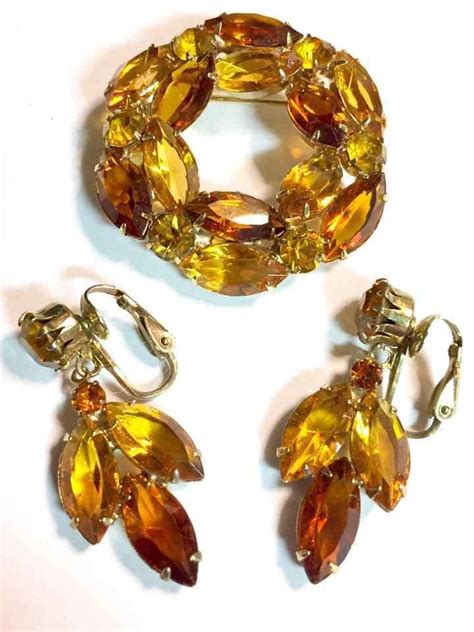Vintage Brown Topaz And Citrine Colored Rhinestone Brooch And Earrings