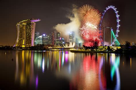 Marina Bay Sands Singapore Fireworks Ferris Wheel Night Hd