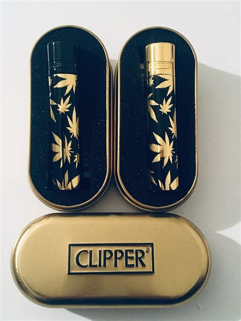 Black Gold Weed Leaves Clipper Lighter With Tin Case T Etsy