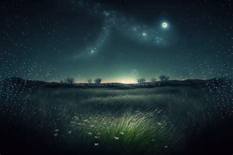 Grassland At Night With Stars Meadow Scene At Night With A Starry Sky
