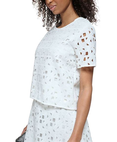 Karl Lagerfeld Paris Womens Round Neck Short Sleeve Lace Top And Reviews
