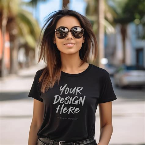 Premium Psd Outdoor Chic Stylish Black Tshirt Mockup With A Brunette