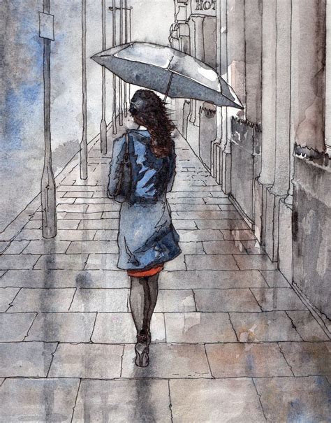 Girl With Umbrella Rain Art Umbrella Art Rain Painting