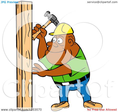 Clipart Of A Black Male Carpenter Hammering A Wood Stud Royalty Free