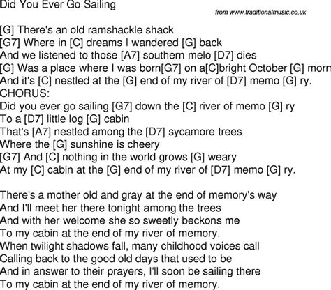 Old Time Song Lyrics With Guitar Chords For Did You Ever Go Sailing G