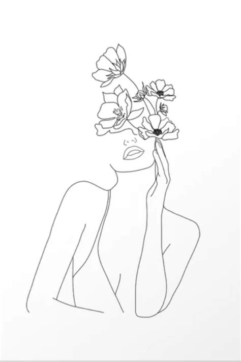 Minimal Line Art Woman With Flowers Art Print Art Aesthetic Wallpaper