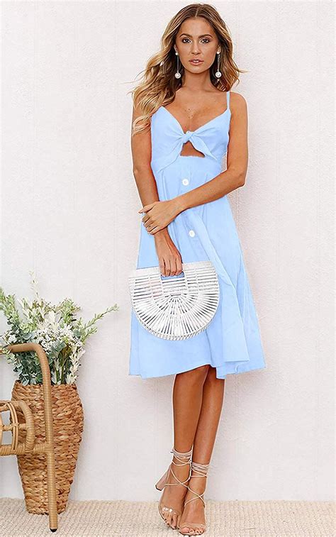 Womens Dresses Summer Tie Front V Neck Spaghetti Strap Button Down A Line Backless Swing Midi