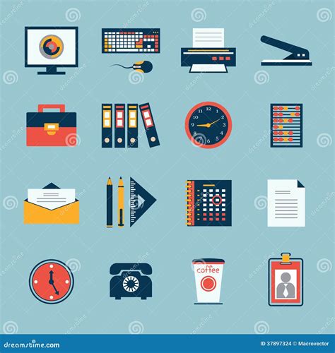 Business Office Stationery Icons Set Stock Vector Illustration Of