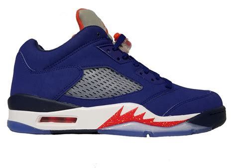 Black then covers the laces and nike swoosh as orange paints the jumpman logo on the tongue and the wings logo on the. Air Jordan 5 Retro Low Knicks Deep Royal Blue Midnight ...