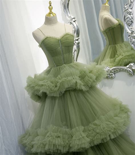Green Tulle Long A Line Prom Dress Green Evening Dress · Little Cute
