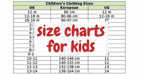 Size Charts For Kids Clothing Sizes For Boys And Girls
