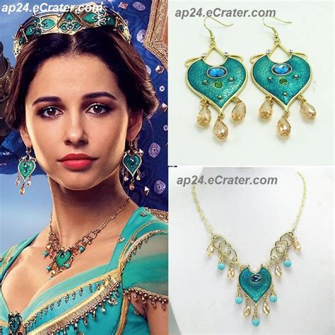 2019 Aladdin Princess Jasmine Heart Necklace Earrings Set Naomi Scott Props Cosplay Elephant