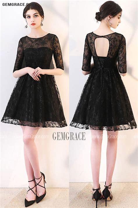 8197 Black Lace Aline Short Homecoming Dress With Sheer Sleeves