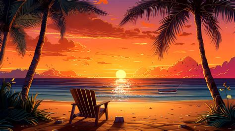 Anime Background Video Of Beautiful View Sunset Beach With Bonfire Palm Tree Sailboat Cartoon