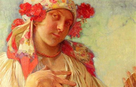 Maria By Alphonse Mucha Red Art Golden Yellow Geranium Peasant Woman Hd Wallpaper Peakpx