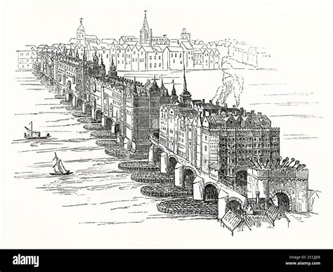 An Old Engraving Of London Bridge C 1650 Depicting The Medieval Bridge