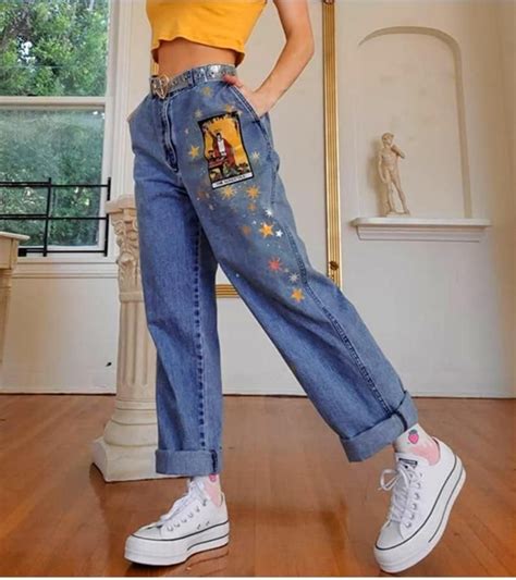 aesthetic vintage art hoe printed denim pants vintage outfits aesthetic clothing stores