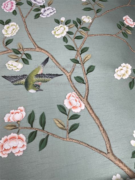 Chinoiserie Wallpapers Hand Paintd Wallpaper On Blue Grey Etsy