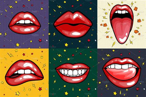 Fashion Girls Lips With Red Lipstick In Cartoon Pop Art Style Patch