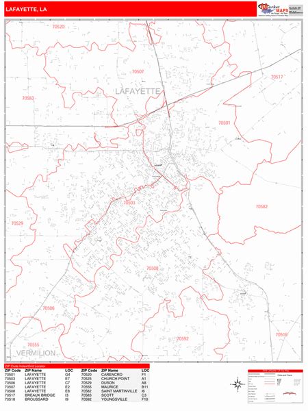 Lafayette Louisiana Zip Code Wall Map Red Line Style By