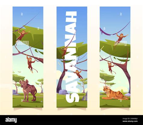 Savannah Animals Cartoon Vertical Banners Or Bookmarks Wild Tiger