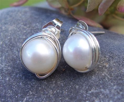 Pearl And Sterling Silver Wire Wrapped Post Earrings Stud Etsy